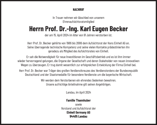Traueranzeige von Karl Eugen Becker von Süddeutsche Zeitung