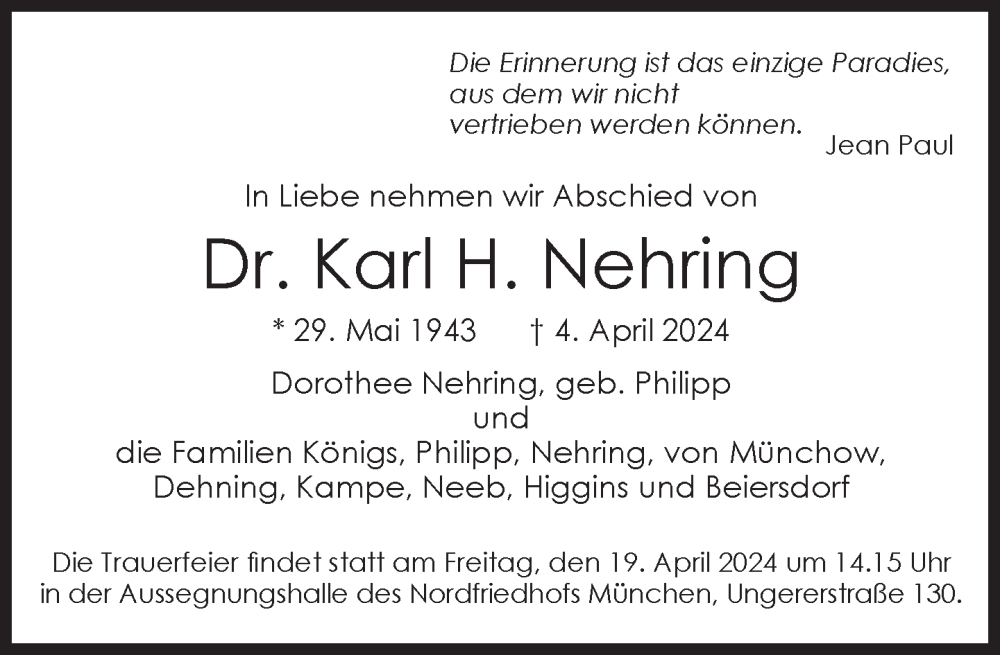  Traueranzeige für Karl H. Nehring vom 13.04.2024 aus Süddeutsche Zeitung