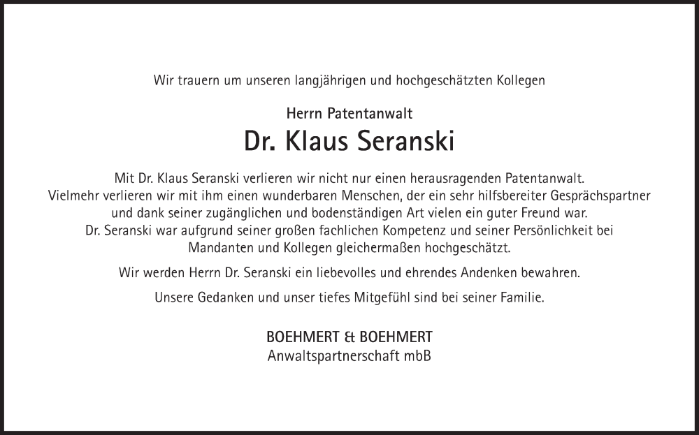  Traueranzeige für Klaus Seranski vom 08.04.2024 aus Süddeutsche Zeitung