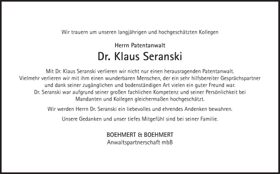 Traueranzeige von Klaus Seranski von Süddeutsche Zeitung