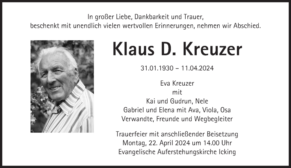  Traueranzeige für Klaus D. Kreuzer vom 13.04.2024 aus Süddeutsche Zeitung