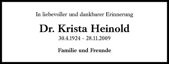 Traueranzeige von Krista Heinold von Süddeutsche Zeitung