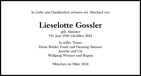 Traueranzeige von Lieselotte Gossler von Süddeutsche Zeitung
