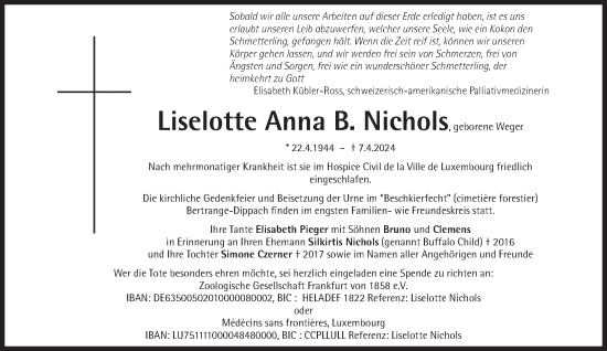 Traueranzeige von Liselotte Anna B. Nichols von Süddeutsche Zeitung