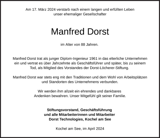 Traueranzeige von Manfred Dorst von Süddeutsche Zeitung