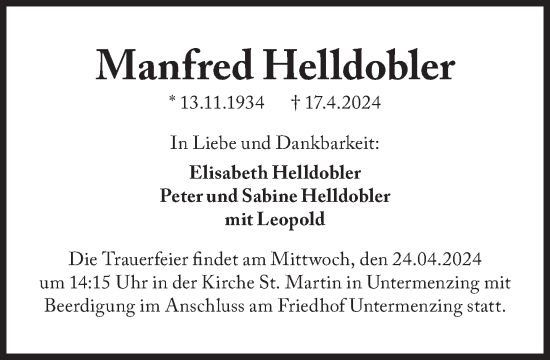 Traueranzeige von Manfred Helldobler von Süddeutsche Zeitung