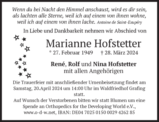 Traueranzeige von Marianne Hofstetter von Süddeutsche Zeitung