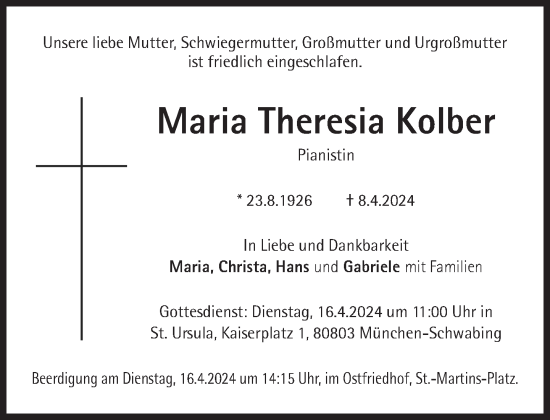 Traueranzeige von Maria Theresia Kolber von Süddeutsche Zeitung