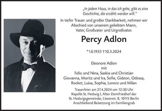 Traueranzeige von Percy Adlon von Süddeutsche Zeitung