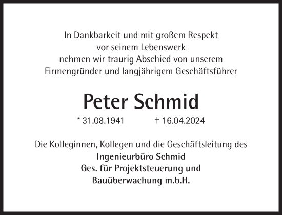Traueranzeige von Peter Schmid von Süddeutsche Zeitung