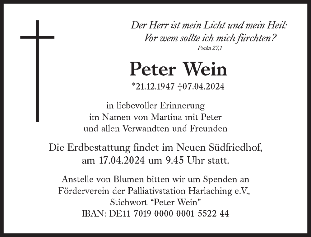  Traueranzeige für Peter Wein vom 13.04.2024 aus Süddeutsche Zeitung