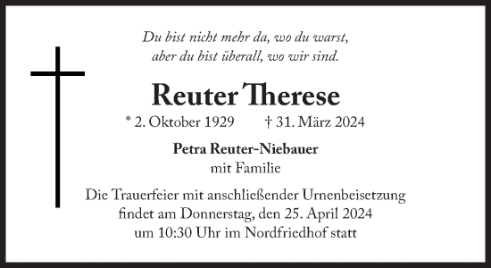 Traueranzeige von Reuter Therese von Süddeutsche Zeitung