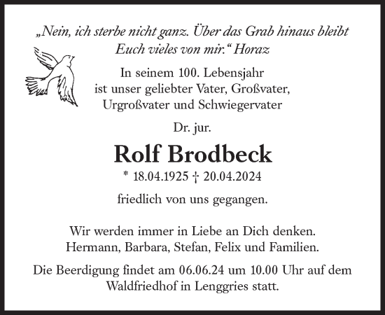 Traueranzeige von Rolf Brodbeck von Süddeutsche Zeitung