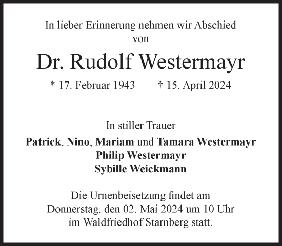 Traueranzeige von Rudolf Westermayr von Süddeutsche Zeitung