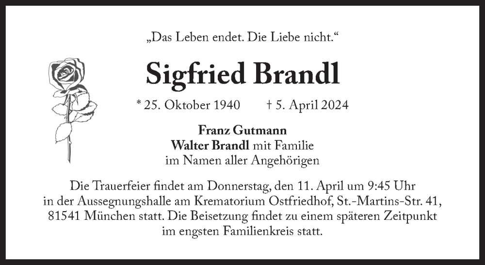  Traueranzeige für Sigfried Brandl vom 10.04.2024 aus Süddeutsche Zeitung