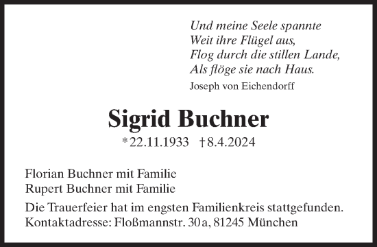 Traueranzeige von Sigrid Buchner von Süddeutsche Zeitung