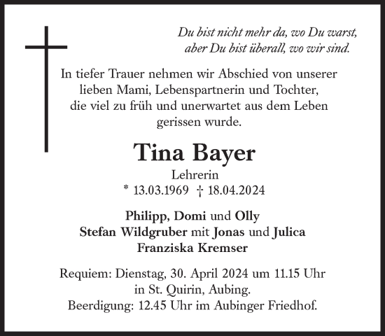 Traueranzeige von Tina Bayer von Süddeutsche Zeitung