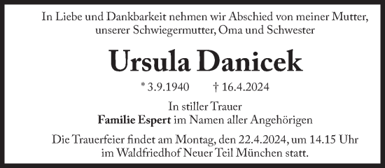 Traueranzeige von Ursula Danicek von Süddeutsche Zeitung