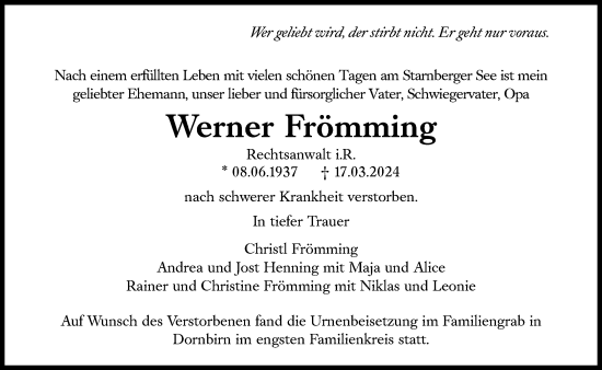 Traueranzeige von Werner Frömming von Süddeutsche Zeitung