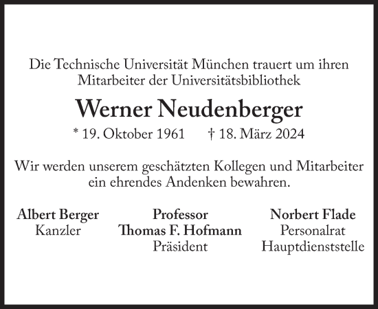 Traueranzeige von Werner Neudenberger von Süddeutsche Zeitung