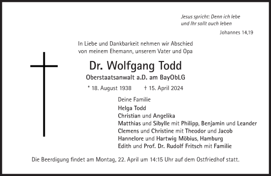 Traueranzeige von Wolfgang Todd von Süddeutsche Zeitung