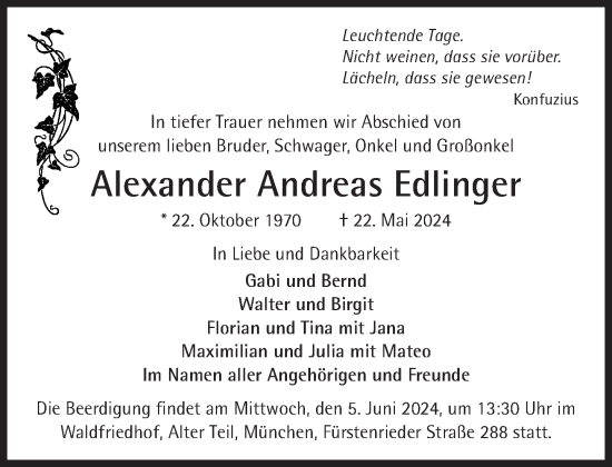 Traueranzeige von Alexander Andreas Edlinger von Süddeutsche Zeitung