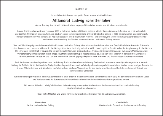 Traueranzeige von Altlandrat Ludwig Schrittenloher von Süddeutsche Zeitung
