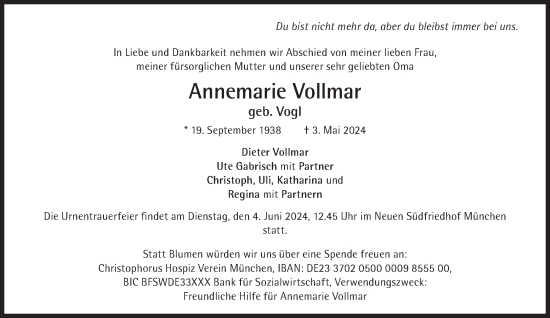 Traueranzeige von Annemarie Vollmar von Süddeutsche Zeitung