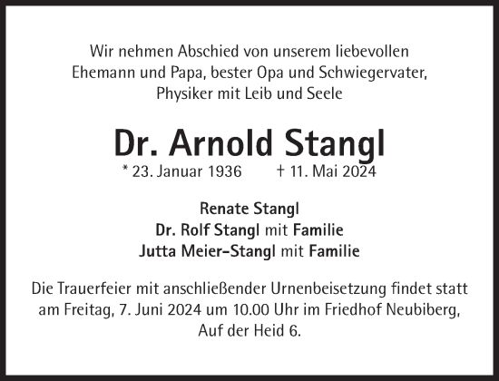 Traueranzeige von Arnold Stangl von Süddeutsche Zeitung