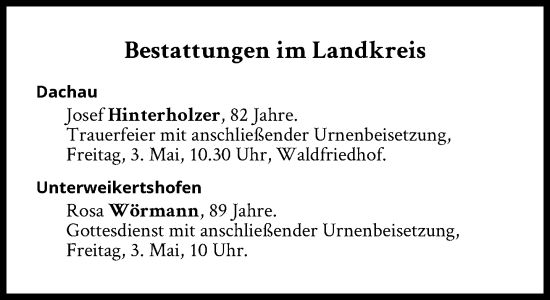 Traueranzeige von Bestattungen vom 03.05.2024 von Süddeutsche Zeitung