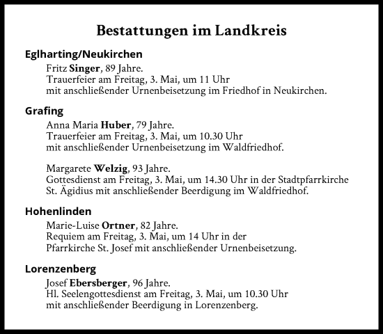 Traueranzeige von Bestattungen vom 03.05.2024 von Süddeutsche Zeitung