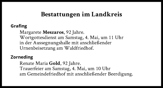 Traueranzeige von Bestattungen vom 04.05.2024 von Süddeutsche Zeitung