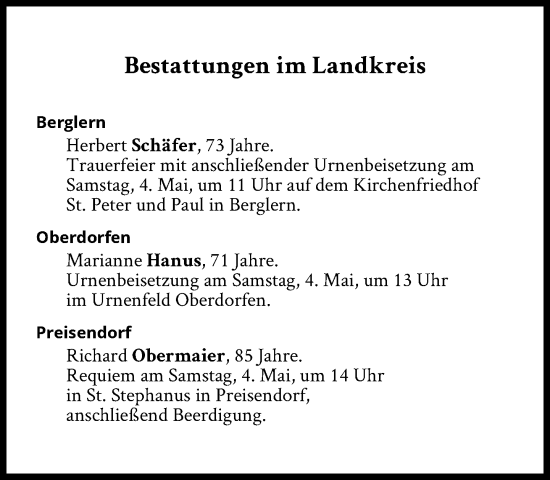 Traueranzeige von Bestattungen vom 04.05.2024 von Süddeutsche Zeitung