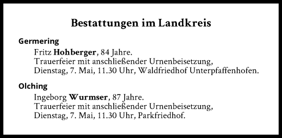 Traueranzeige von Bestattungen vom 07.05.2024 von Süddeutsche Zeitung