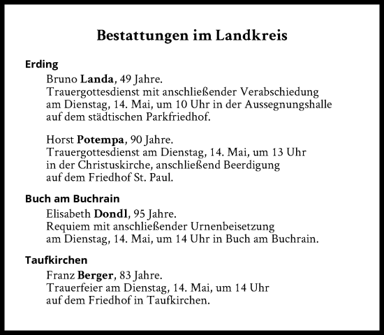 Traueranzeige von Bestattungen vom 14.05.2024 von Süddeutsche Zeitung