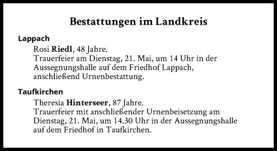 Traueranzeige von Bestattungen vom 21.05.2024 von Süddeutsche Zeitung