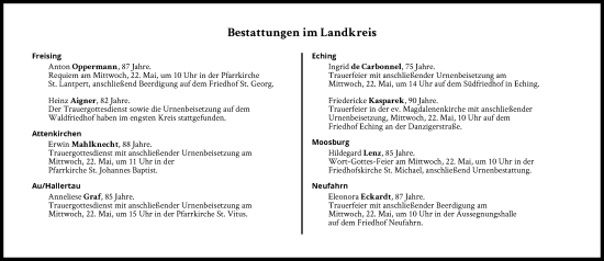 Traueranzeige von Bestattungen vom 22.05.2024 von Süddeutsche Zeitung