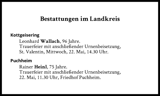 Traueranzeige von Bestattungen vom 22.05.2024 von Süddeutsche Zeitung