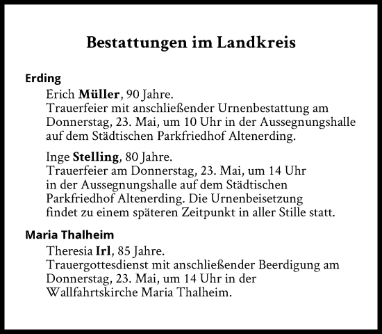 Traueranzeige von Bestattungen vom 23.05.2024 von Süddeutsche Zeitung
