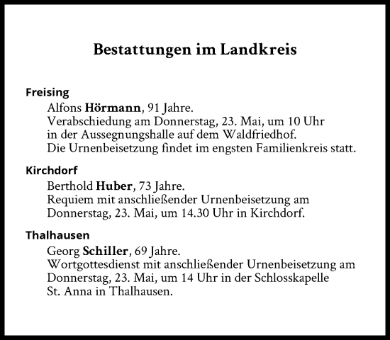 Traueranzeige von Bestattungen vom 23.05.2024 von Süddeutsche Zeitung