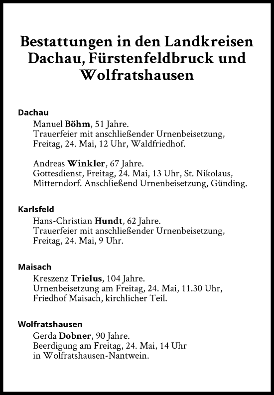 Traueranzeige von Bestattungen vom 24.05.2024 von Süddeutsche Zeitung