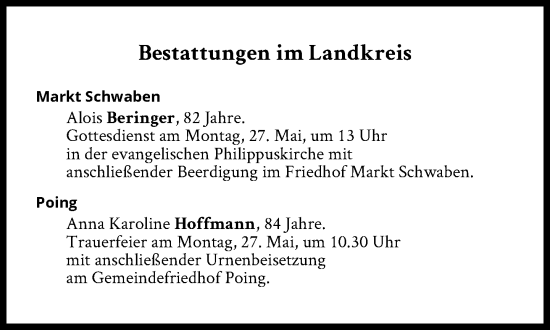 Traueranzeige von Bestattungen vom 27.05.2024 von Süddeutsche Zeitung