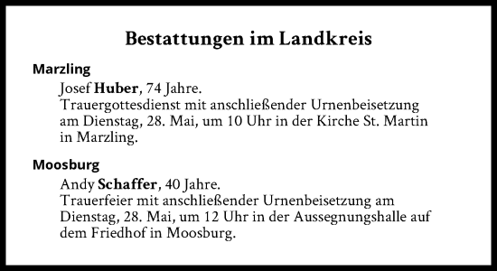 Traueranzeige von Bestattungskalender vom 28.05.2024  von Süddeutsche Zeitung