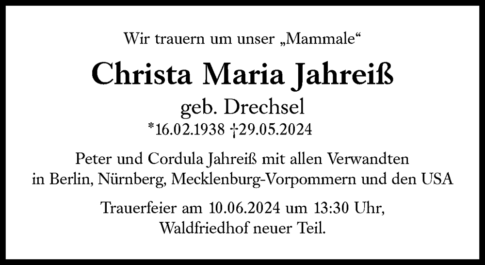  Traueranzeige für Christa Maria Jahreiß vom 01.06.2024 aus Süddeutsche Zeitung