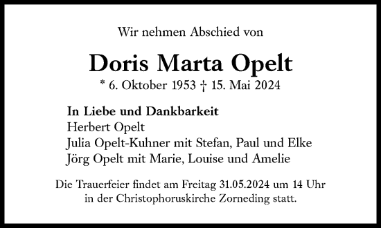 Traueranzeige von Doris Marta Opelt von Süddeutsche Zeitung
