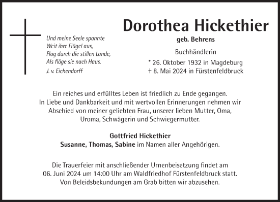 Traueranzeige von Dorothea Hickethier von Süddeutsche Zeitung