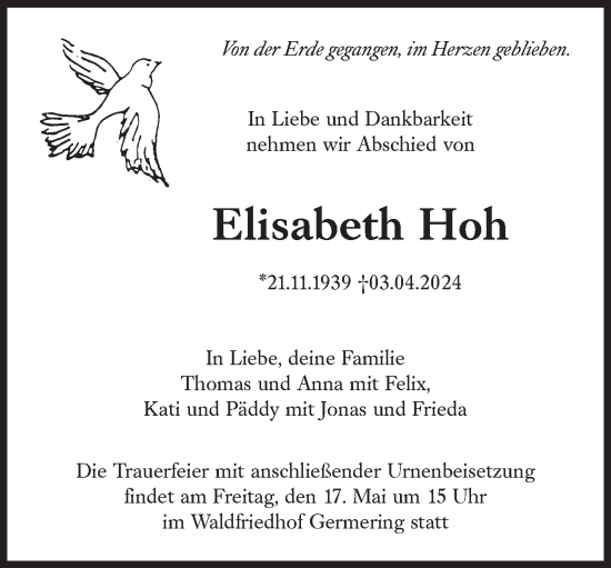 Traueranzeige von Elisabeth Hoh von Süddeutsche Zeitung