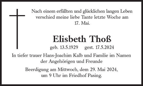 Traueranzeige von Elisbeth Thoß von Süddeutsche Zeitung