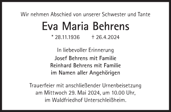 Traueranzeige von Eva Maria Behrens von Süddeutsche Zeitung