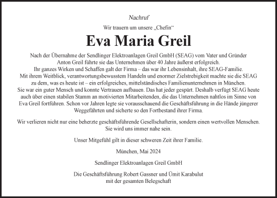 Traueranzeige von Eva Maria Greil von Süddeutsche Zeitung
